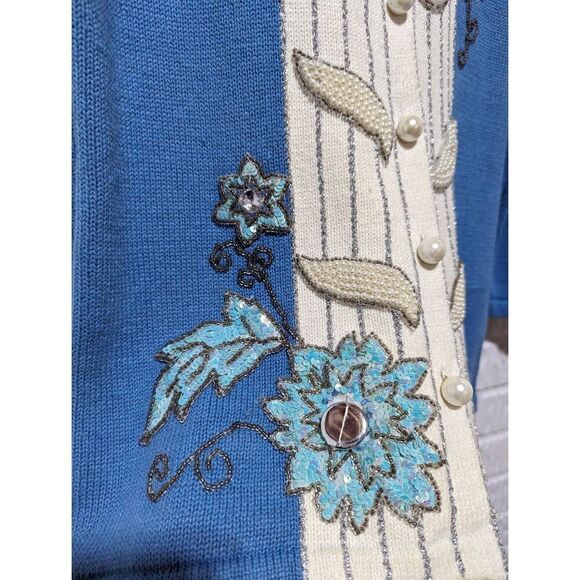 Storybook Knits Ladies Blue Cream Beaded Pearl Button Front Cardigan Sweater S - Picture 3 of 7